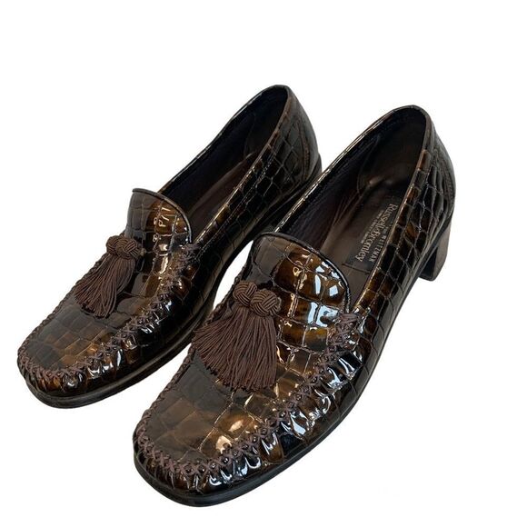 Stuart Weitzman for Russell and Bromley Brown croc embossed tassel loafers Sz 9 - Picture 1 of 9